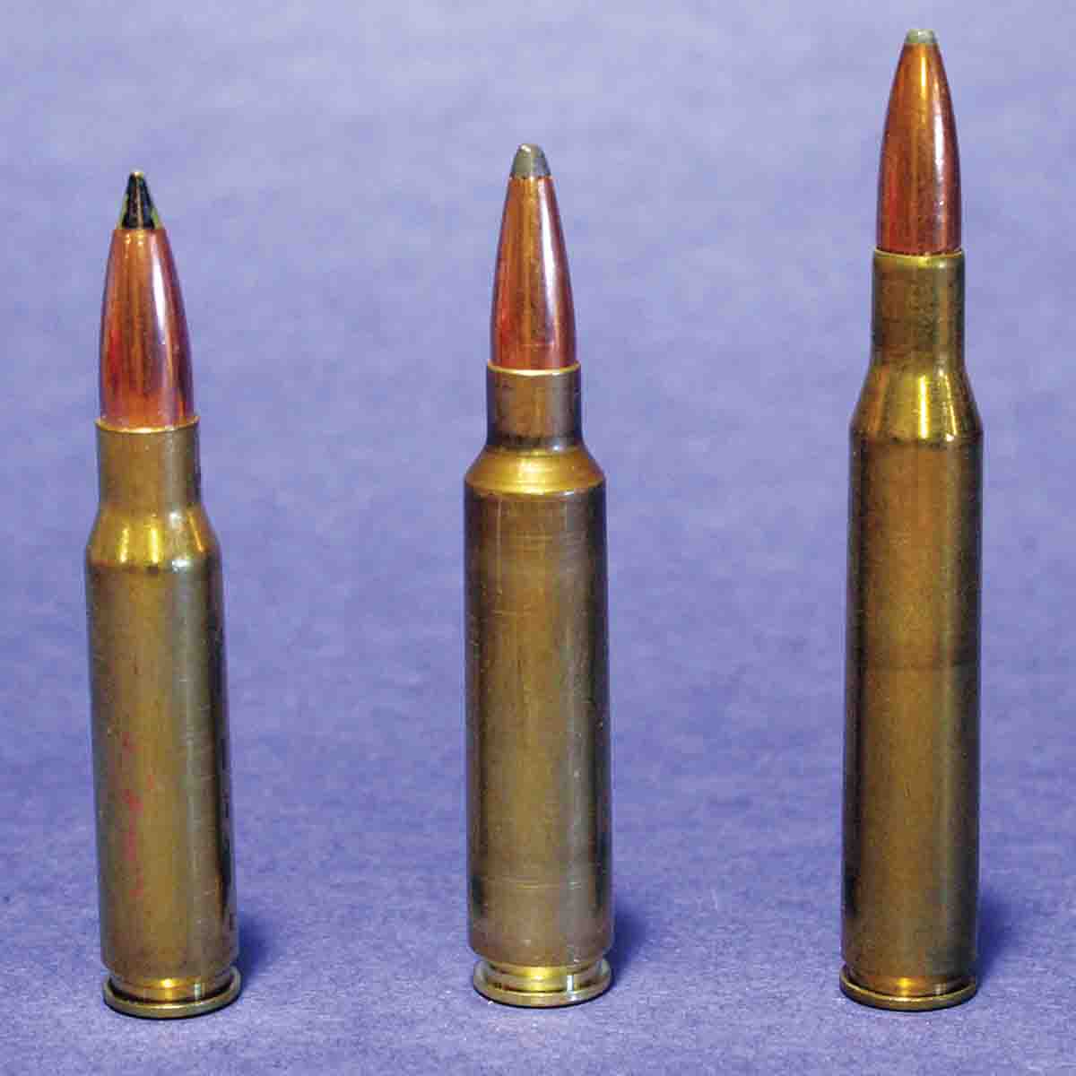 The .284’s design (center) resembles many newer “accuracy cartridges,” with a relatively short, fat body and sharp shoulder angle, but it was originally designed to fit in magazines designed for the .308 Winchester (left), while approximating the powder capacity of the .270 Winchester (right).